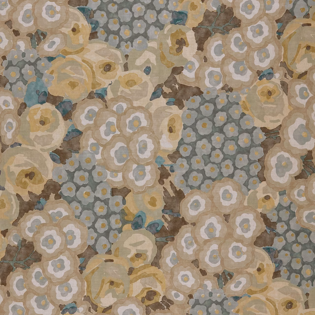 Muted cerulean blue-grey floral fabric with cream rosettes, taupe blooms and teal accents