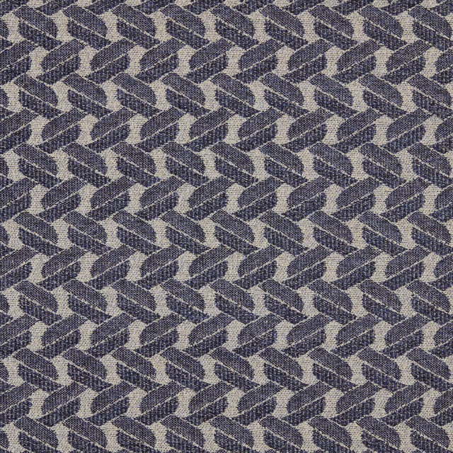 Close-up of indigo and pale neutral geometric woven upholstery fabric