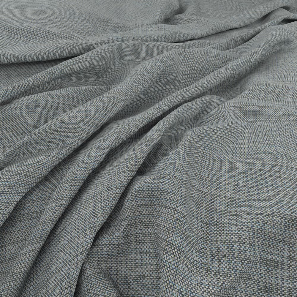 Muted blue-grey teal fabric with a fine woven check, draped in soft folds