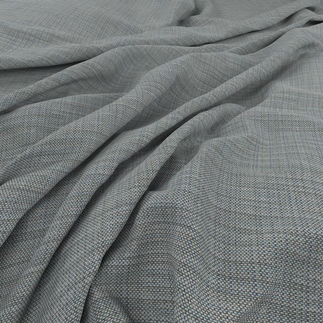 Muted blue-grey teal fabric with a fine woven check, draped in soft folds