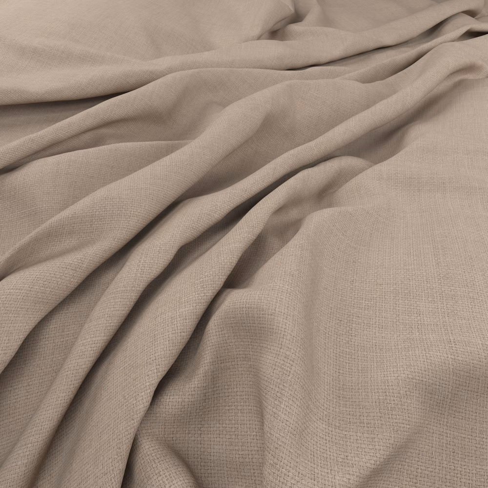 Warm oyster taupe plain-weave fabric draped in soft, fluid folds