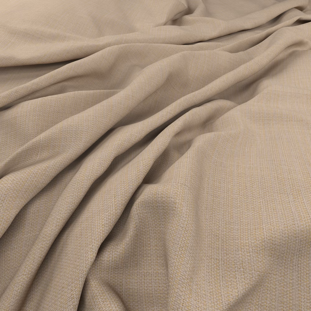 Warm sand-beige woven fabric with fine crosshatched texture arranged in soft folds