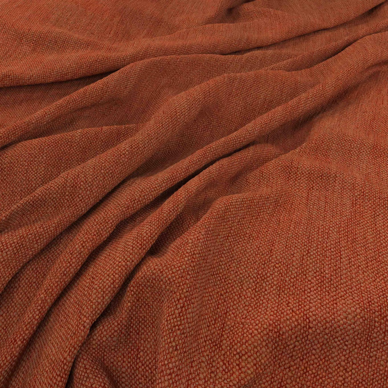 Burnt carrot-orange woven fabric gathered into folds, showing a fine pebbled texture
