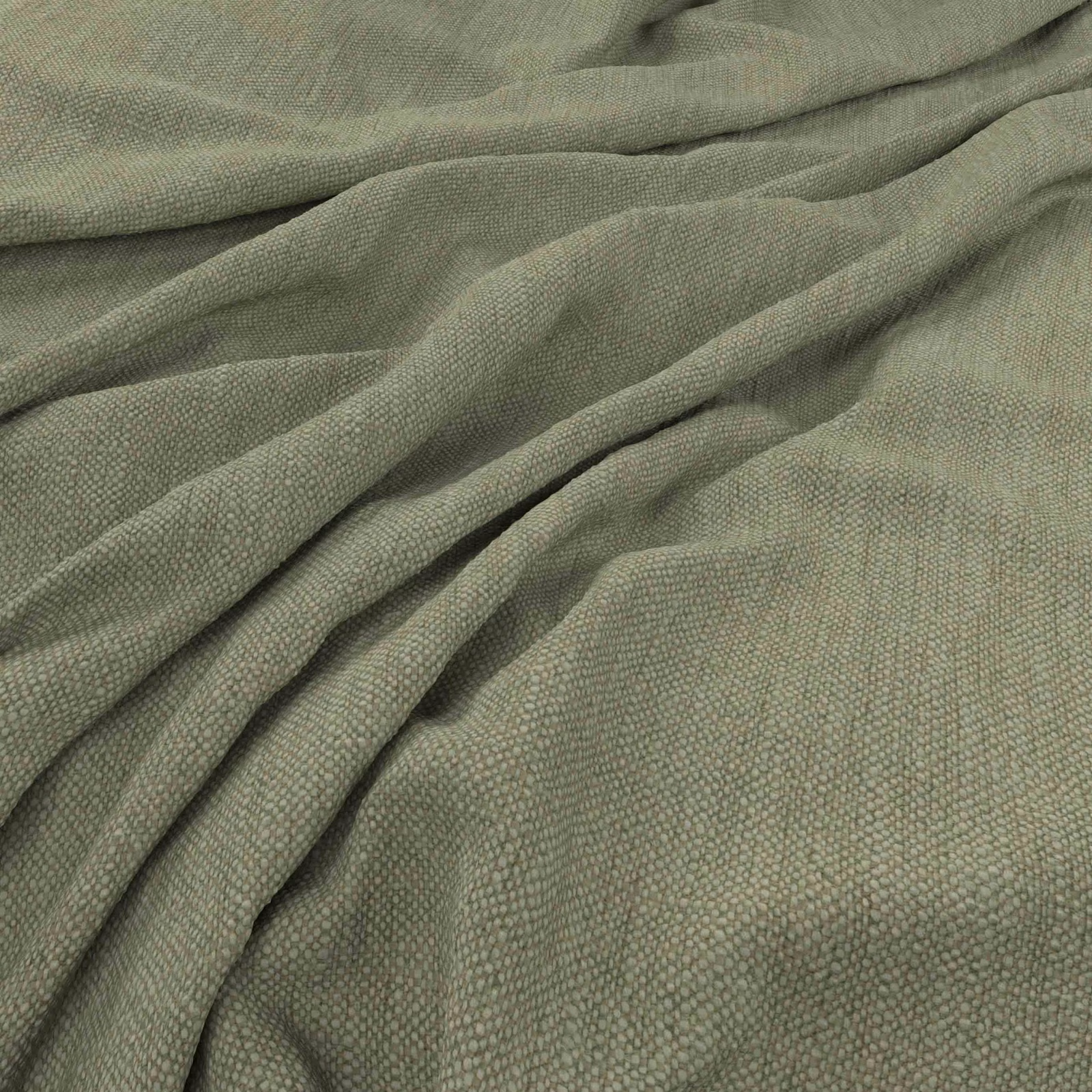 Muted olive-sage woven fabric gathered into soft folds with fine tactile texture
