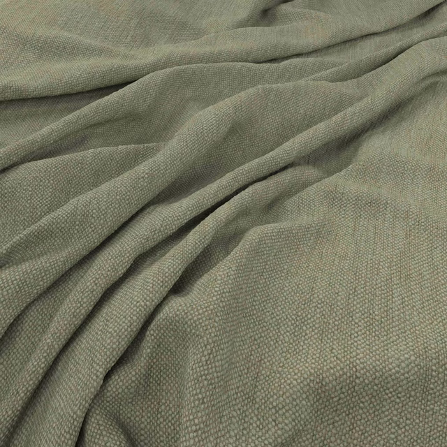 Muted olive-sage woven fabric gathered into soft folds with fine tactile texture