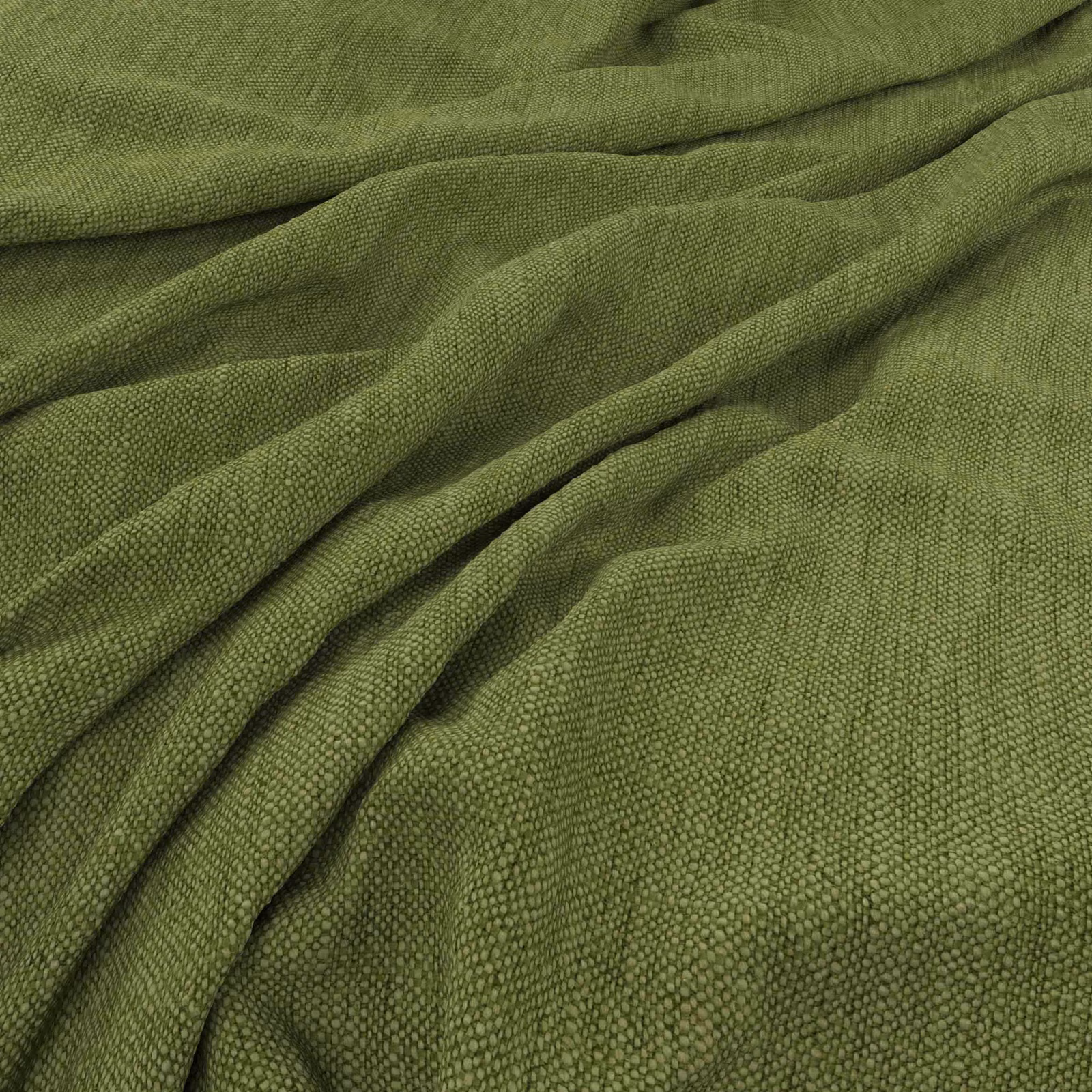 Muted olive green fabric with a fine nubby weave gathered into soft folds