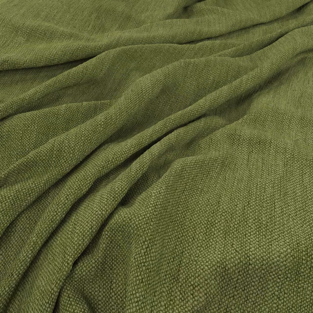 Muted olive green fabric with a fine nubby weave gathered into soft folds
