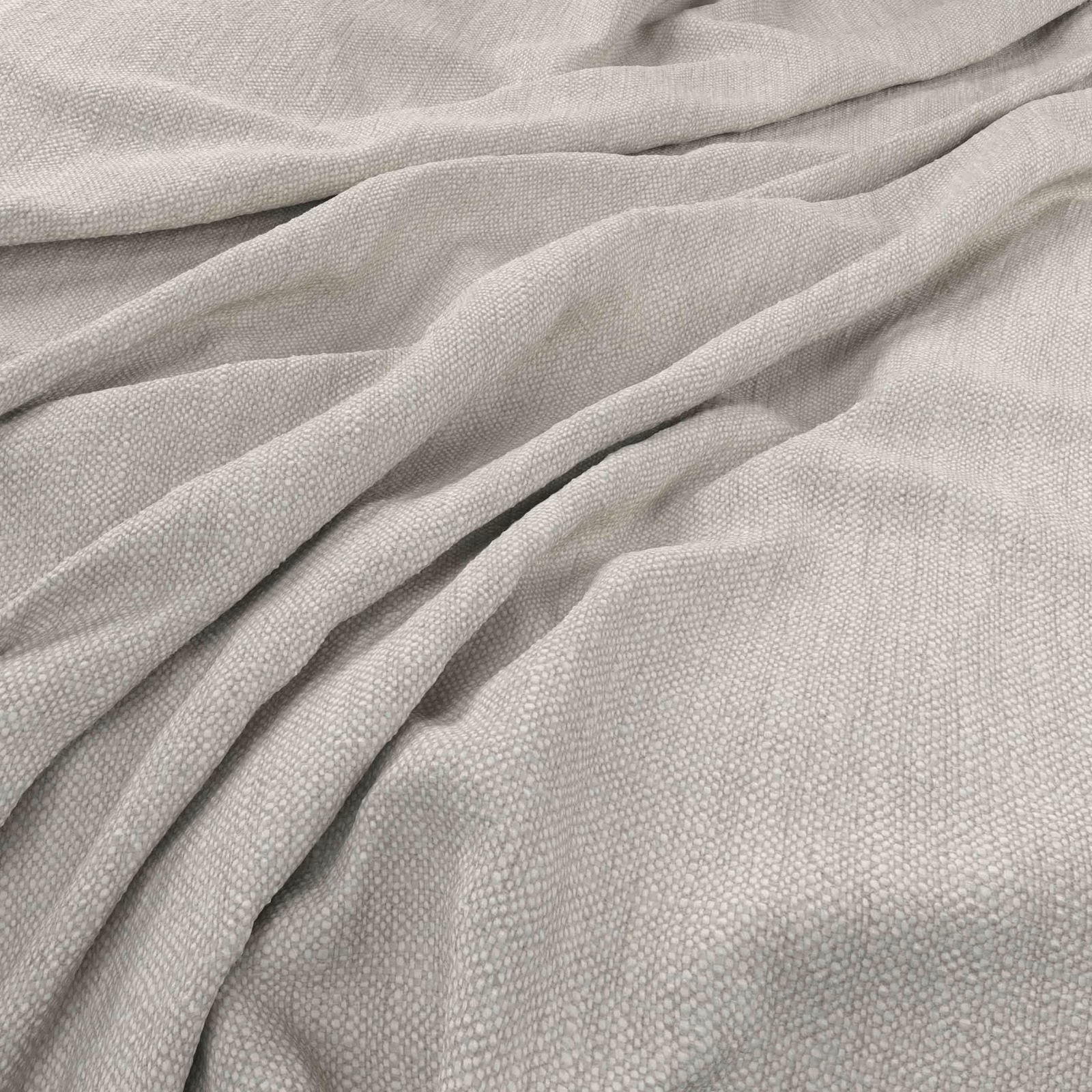Pale mist-grey woven fabric gathered into soft folds with a fine pebbled texture