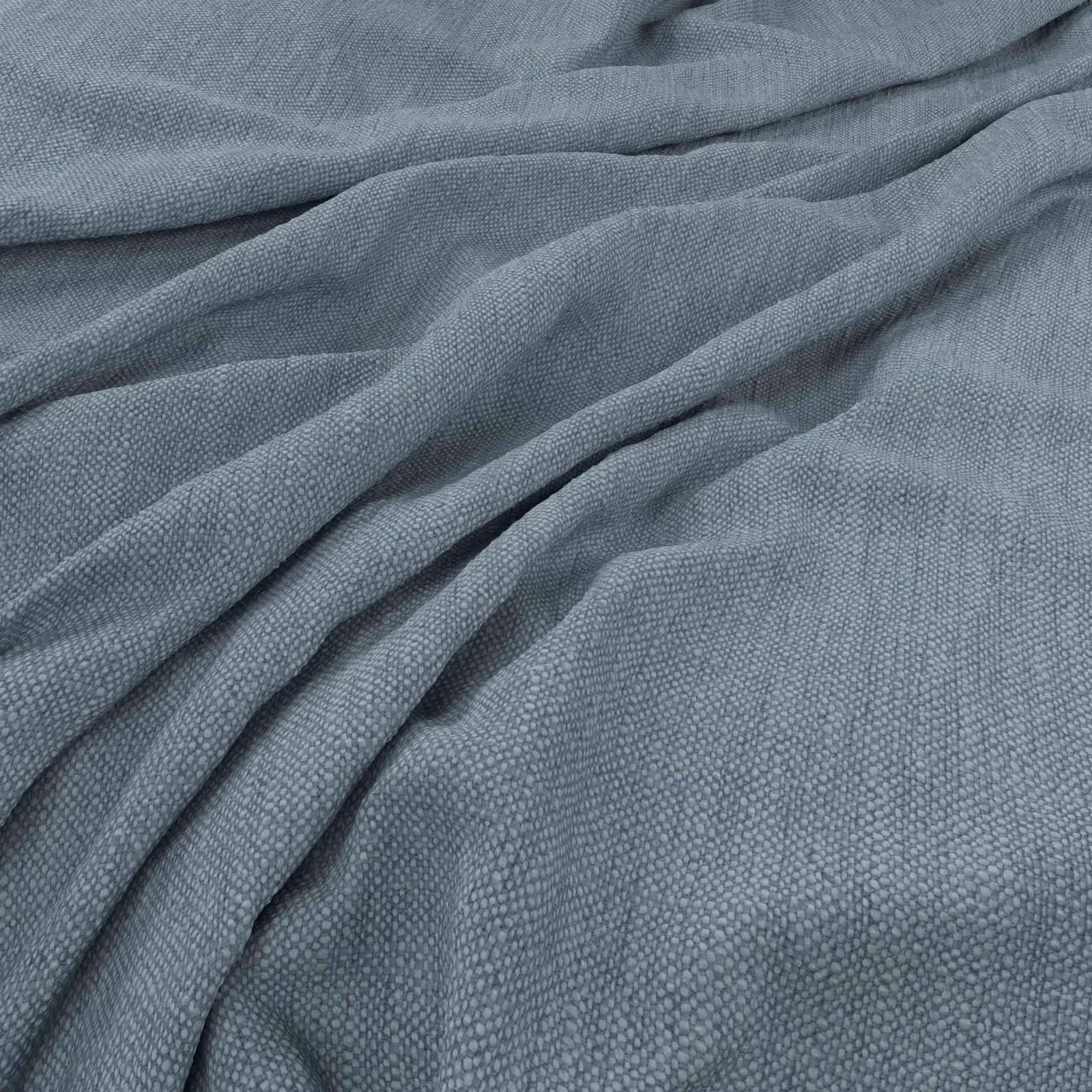 Cool blue-grey woven fabric with fine pebbled texture gathered into soft folds