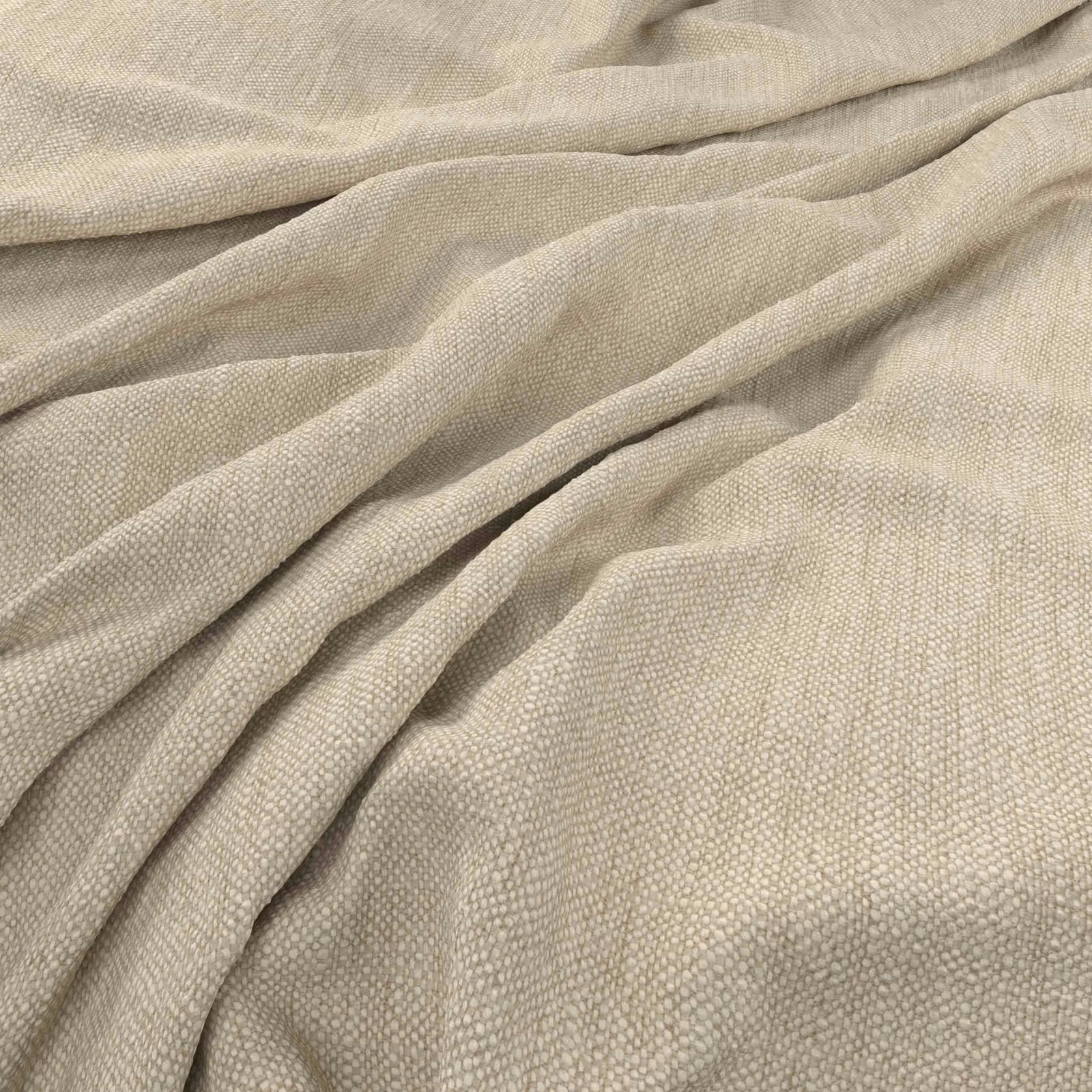 Warm oatmeal-beige woven fabric draped in folds, showing a fine pebbled texture