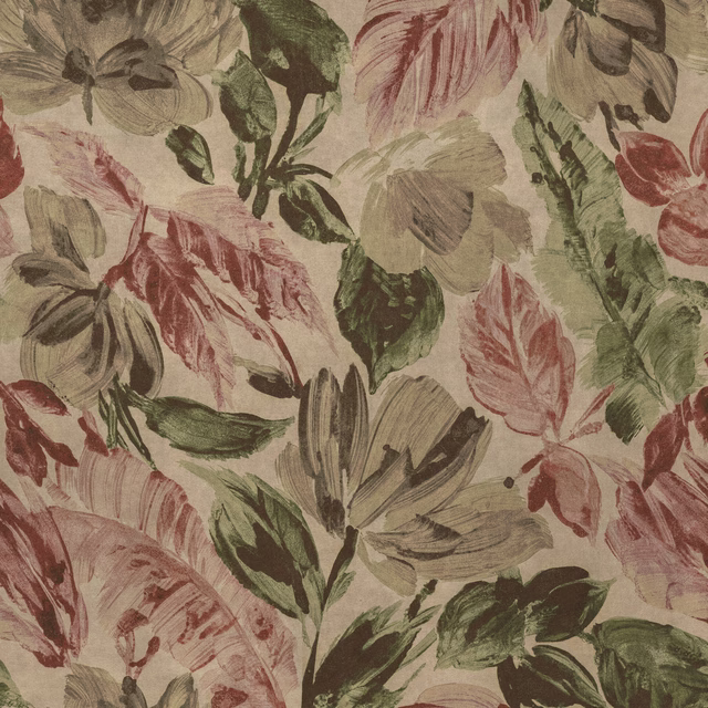 Painterly floral fabric with blush, sage and taupe leaves on a pale ground