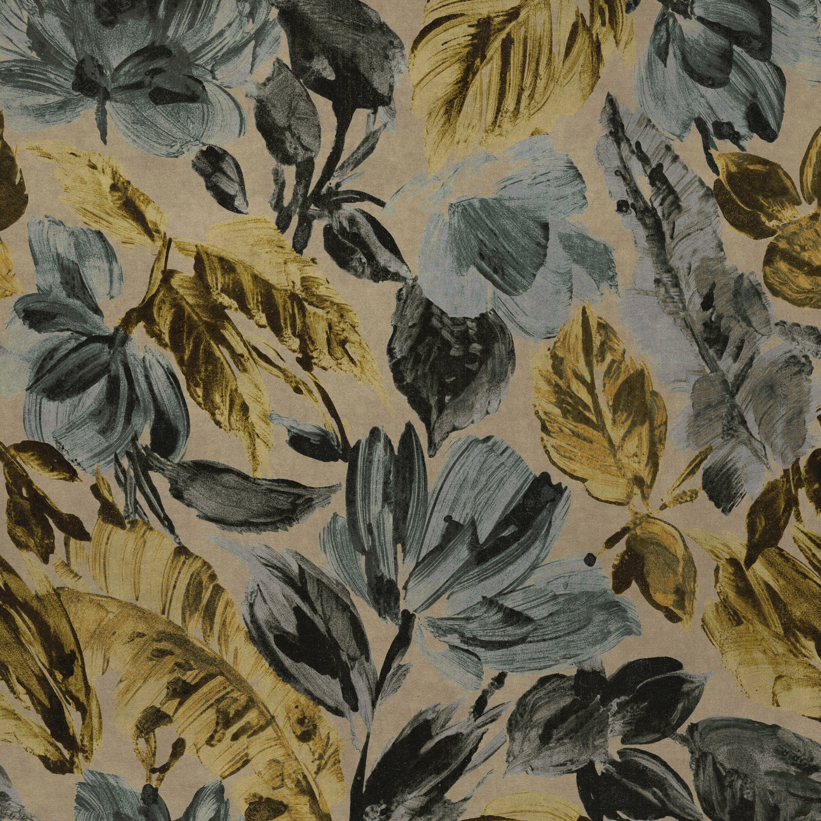 Painterly leaf print fabric in teal, gold and charcoal on a beige ground