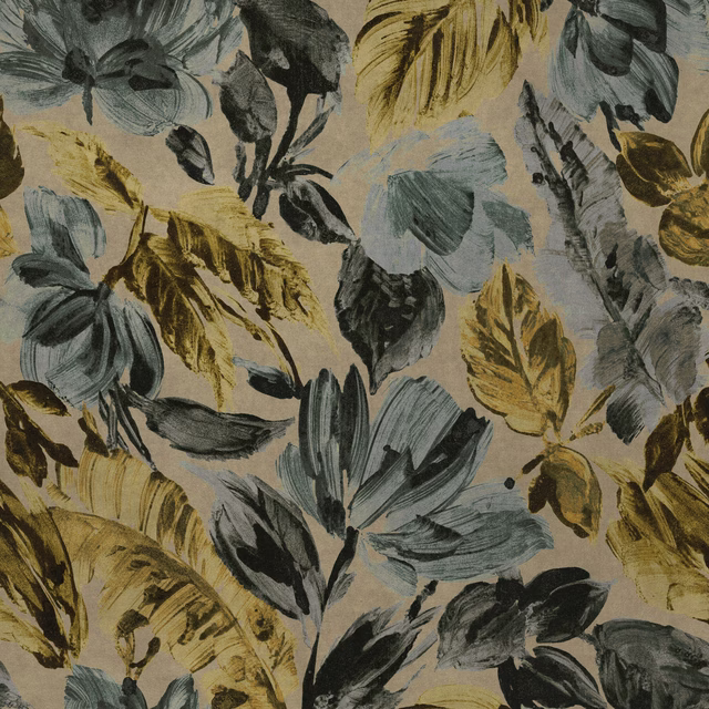 Painterly leaf print fabric in teal, gold and charcoal on a beige ground