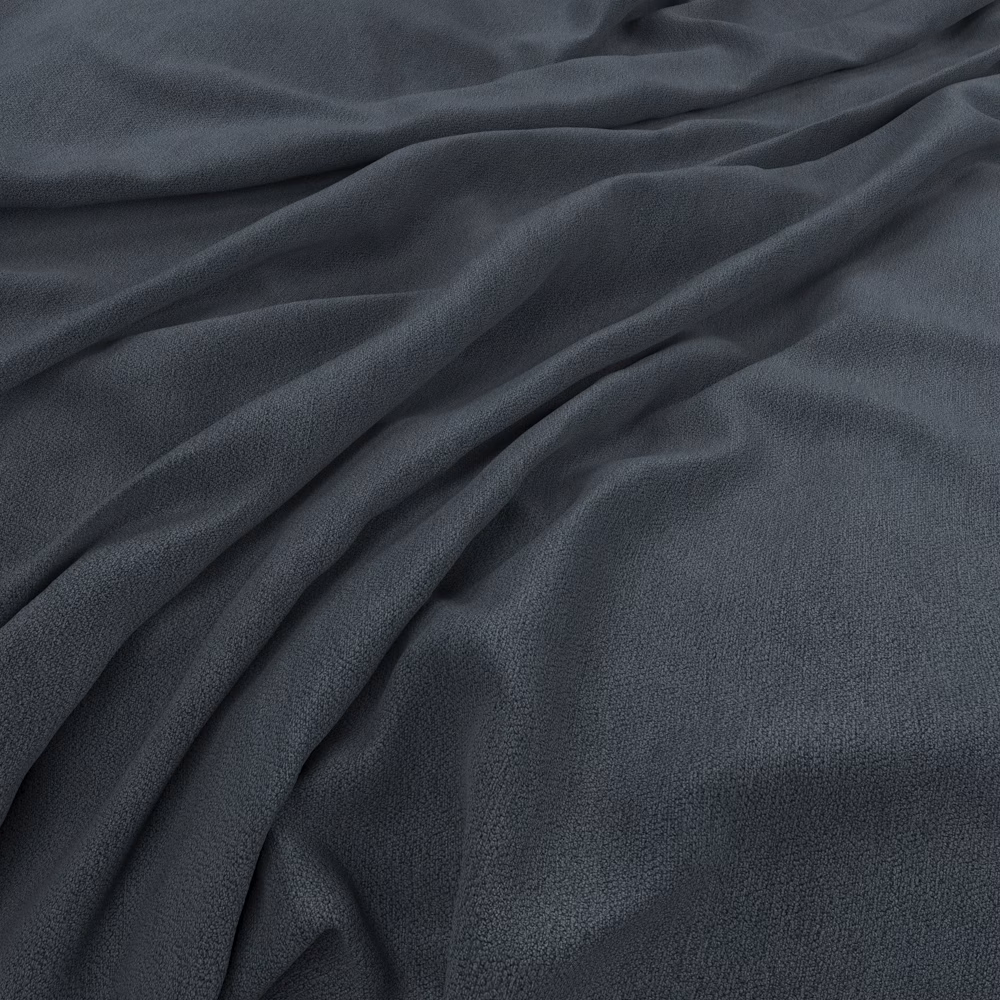 Deep blue-grey plain fabric with a softly brushed texture falling in flowing folds