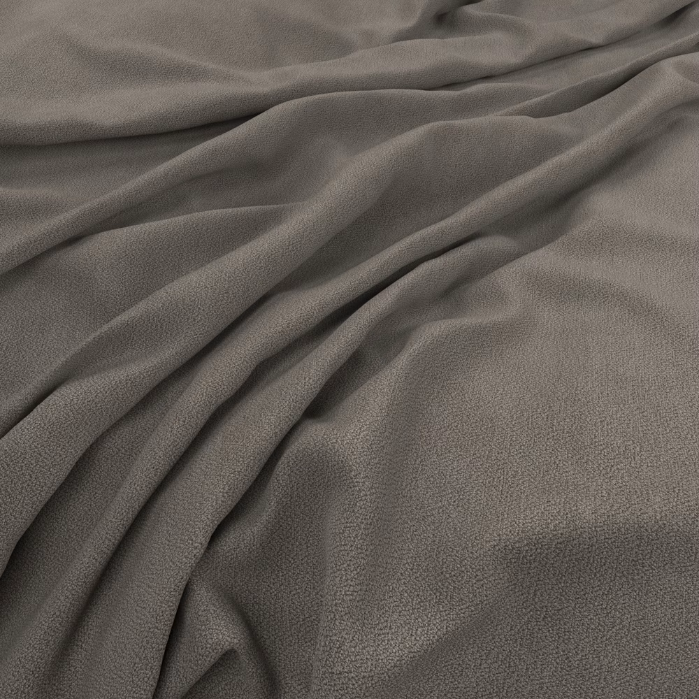 Muted taupe-grey fabric with fine pebbled texture and soft gathered folds