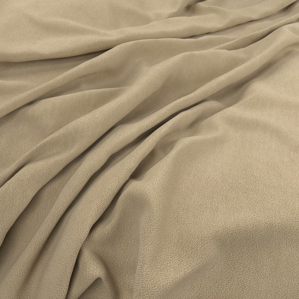 Warm limestone-beige fabric with fine pebbled texture arranged in soft flowing folds