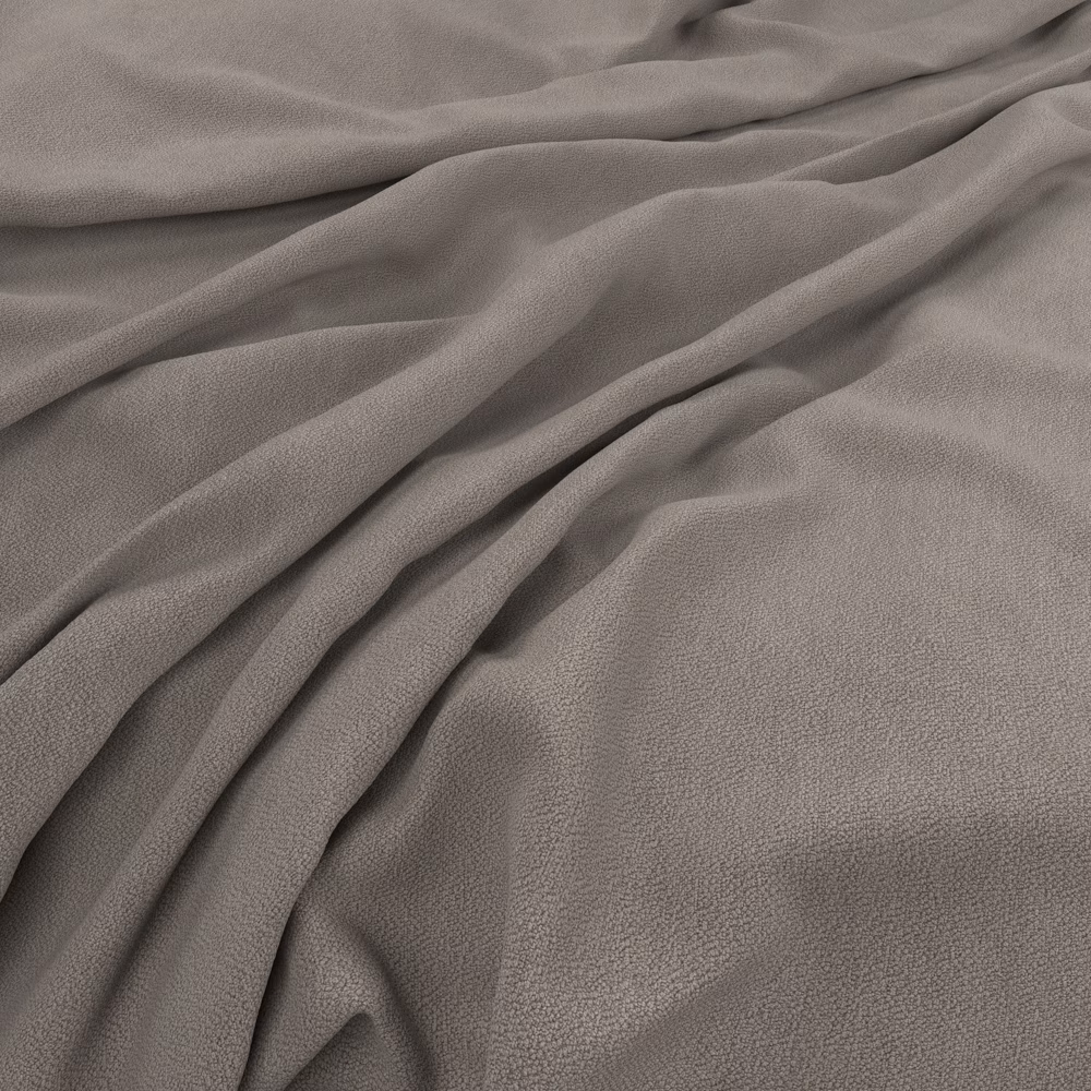 Muted taupe-grey fabric with fine pebbled texture falling into fluid overlapping folds