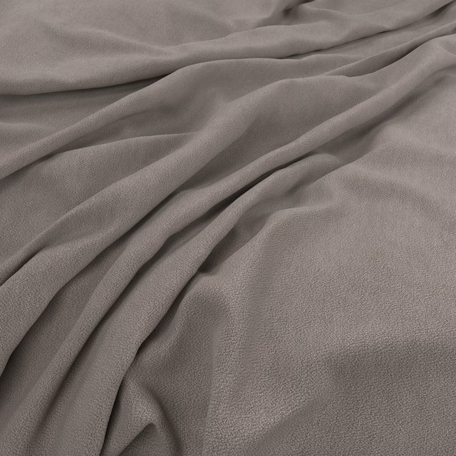 Muted taupe-grey fabric with fine pebbled texture falling into fluid overlapping folds