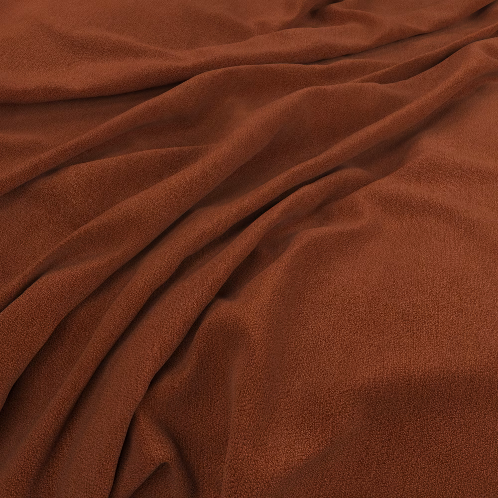 Burnt russet fabric with a soft nap and directional highlights in draped folds