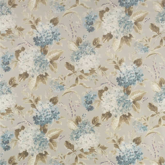 Powder-blue floral clusters on a pale blue-grey ground with taupe foliage
