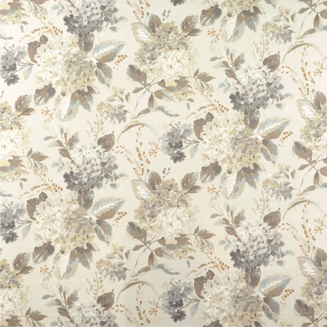 Aged cream floral fabric with grey blossom clusters and taupe leafy sprigs