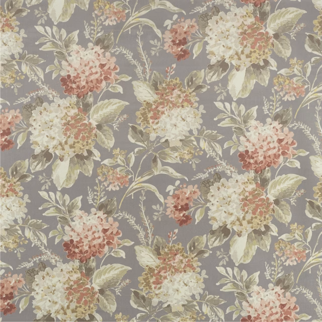 Muted blue-grey floral fabric with cream blooms, sage foliage and dusty blush accents
