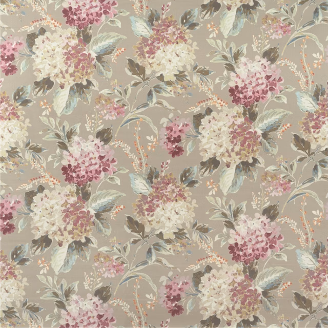 Muted taupe ground with cream, blush and berry bouquets, trailing stems and blue-green leaves
