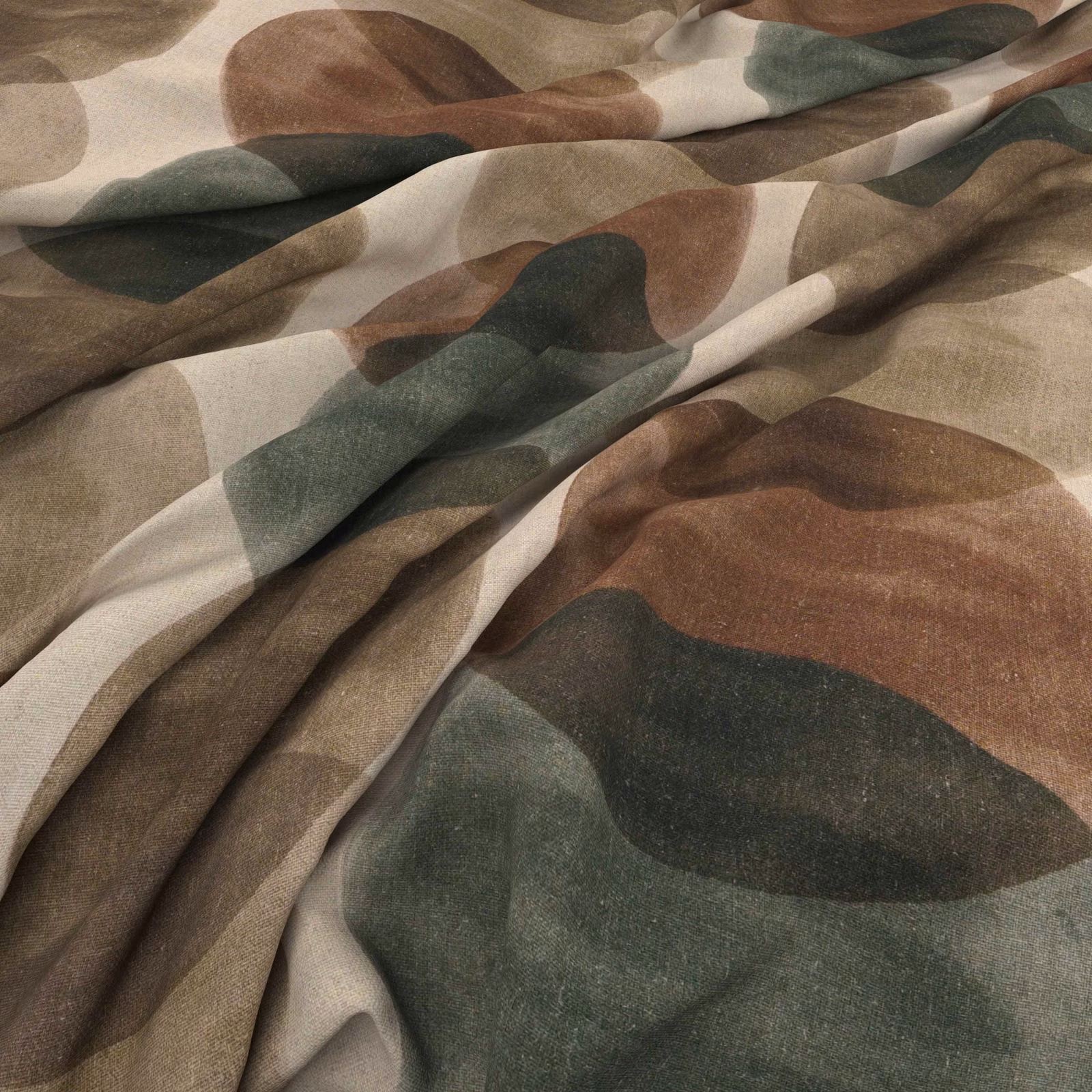 Draped Penumbra Tobacco fabric with large tobacco, olive, taupe and cream organic shapes