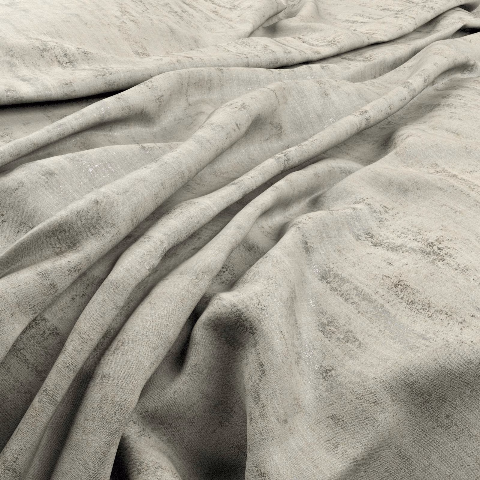 Pale greige fabric with cloudy mottling and soft fluid folds