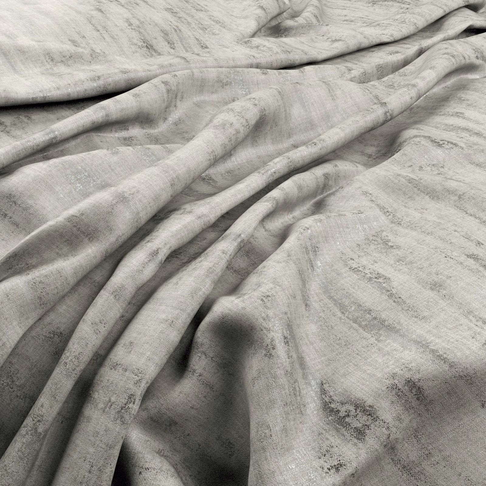 Pale quartz-grey fabric with blurred charcoal marbling folded into soft, flowing drapes