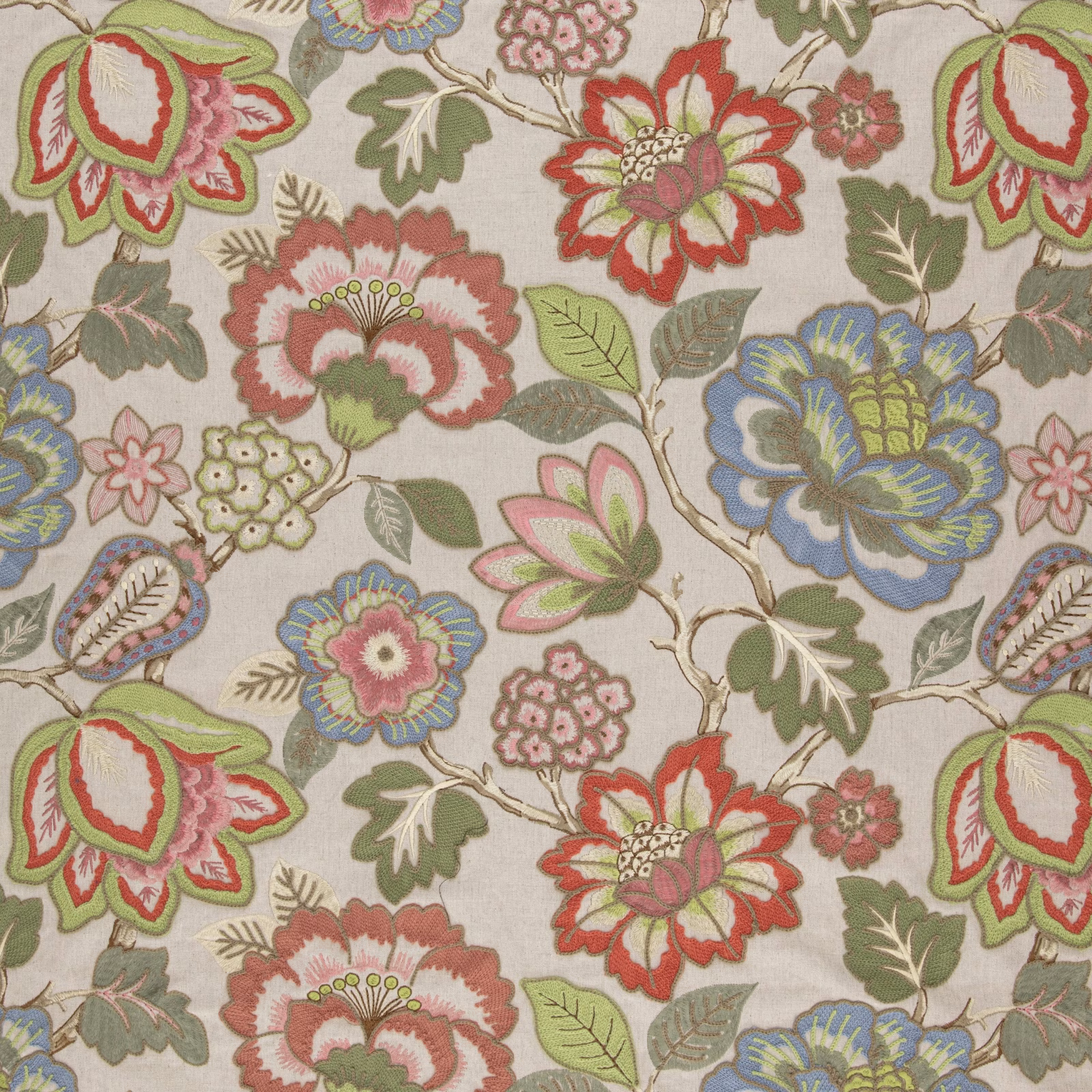 Muted multicolour floral fabric with coral, blue and sage blooms on a stone-grey ground