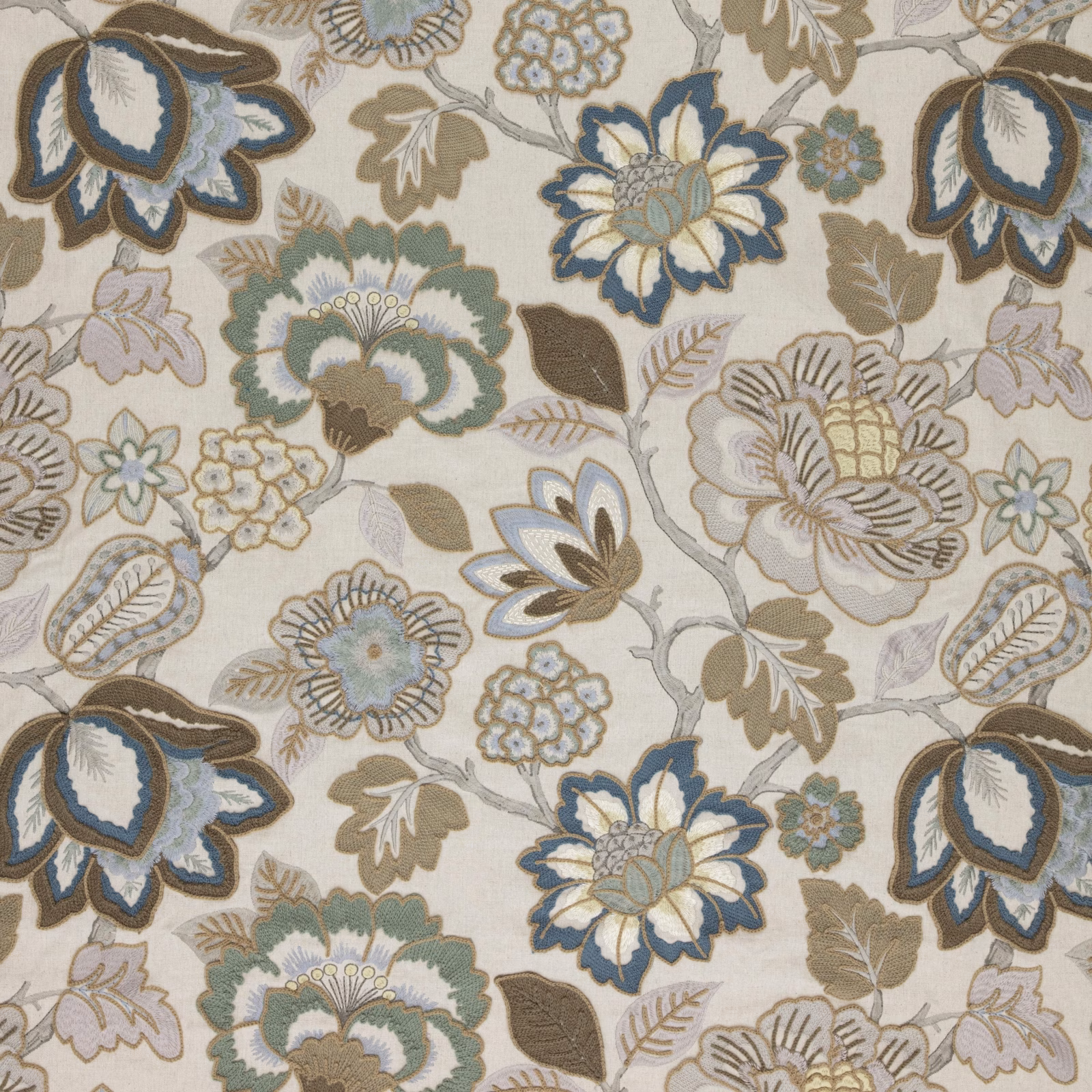 Muted teal and navy floral motifs on a pale softly textured ground