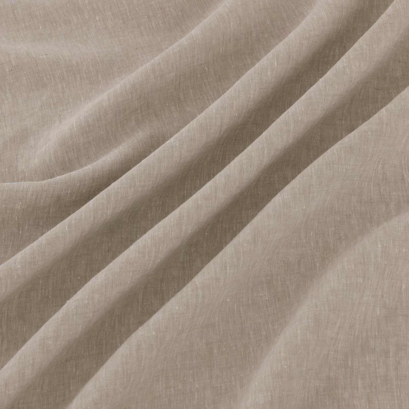 Warm ash-grey woven swatch with fine slub texture gathered into soft diagonal folds