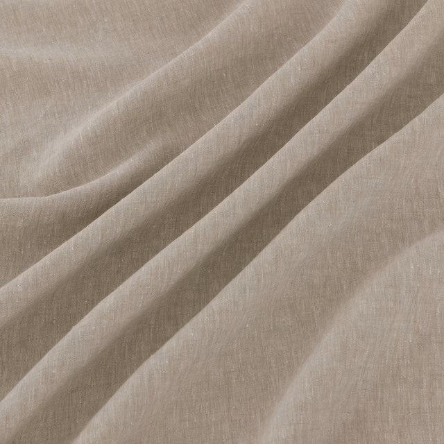 Warm ash-grey woven swatch with fine slub texture gathered into soft diagonal folds