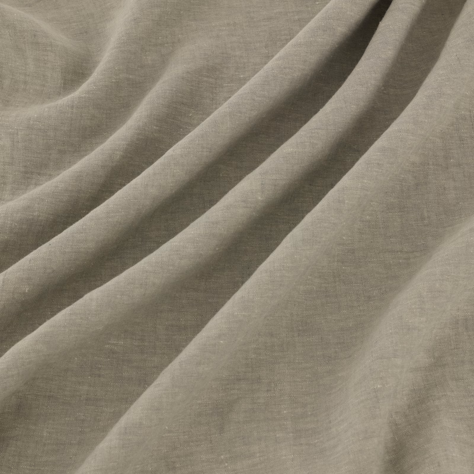 Hazy grey-taupe fabric with fine crossweave texture falling in soft diagonal folds