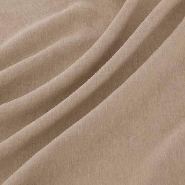 Warm malt taupe plain weave with fine vertical texture, photographed in soft folds