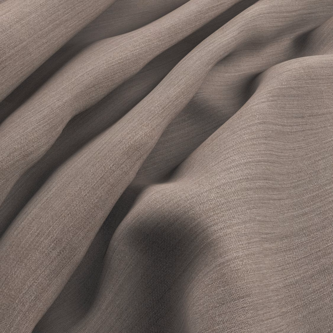 Muted flax-taupe plain weave gathered into soft, shadowed folds