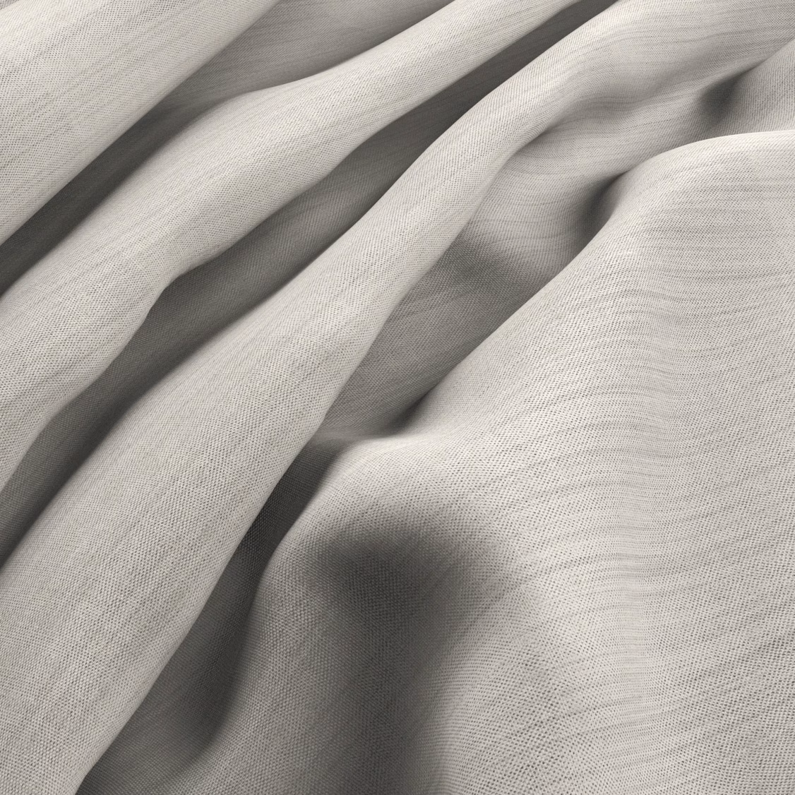 Pale natural greige fabric with fine horizontal weave, softly gathered into fluid folds