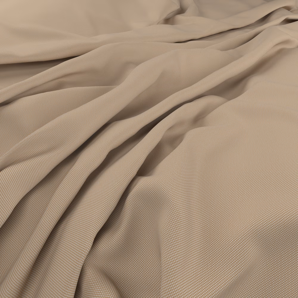 Warm camel-beige fine weave gathered into softly fluid, dimensional folds