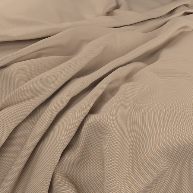 Warm camel-beige fine weave gathered into softly fluid, dimensional folds