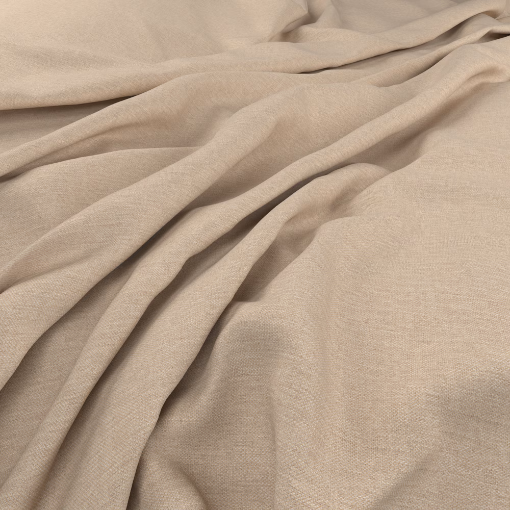Warm greige plain-weave fabric arranged in softly flowing folds with subtle texture