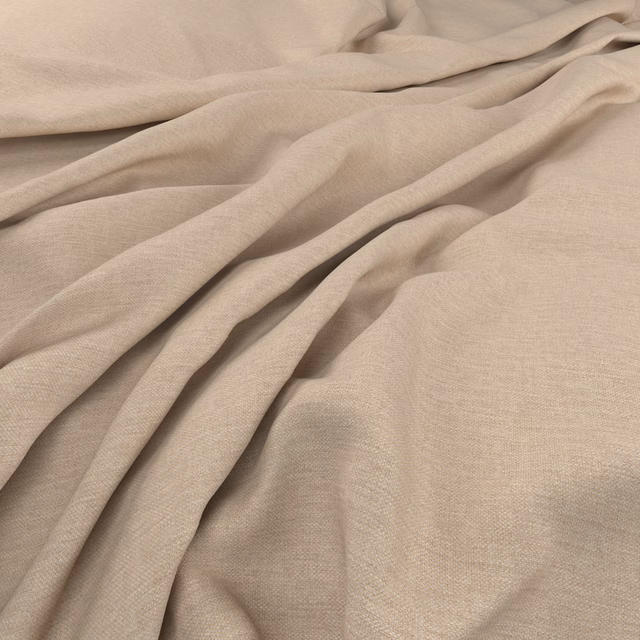 Warm greige plain-weave fabric arranged in softly flowing folds with subtle texture