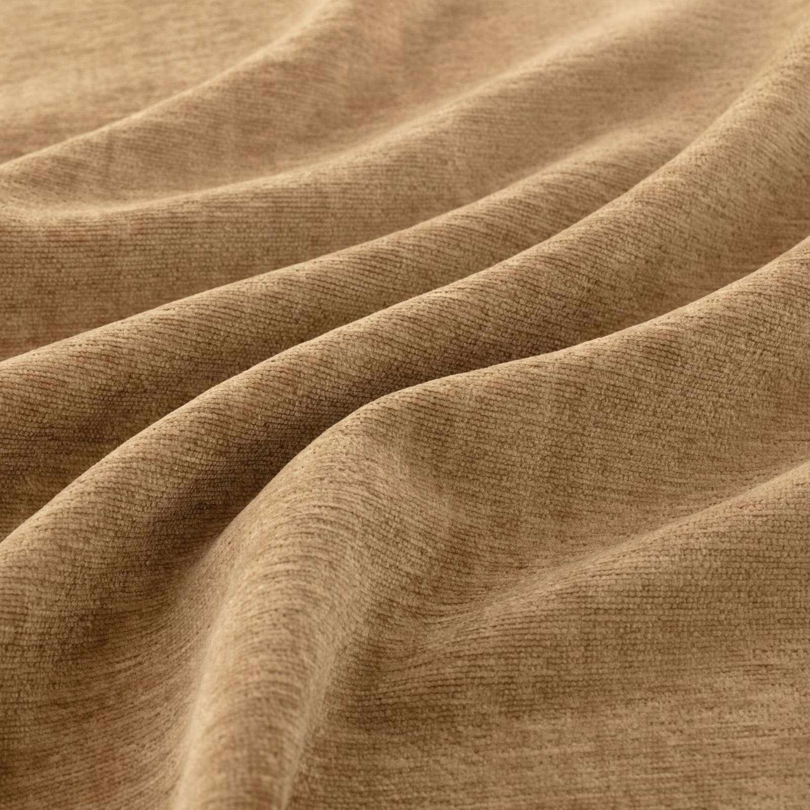 Warm caramel-brown woven fabric with fine ribbing and softly shaded folds