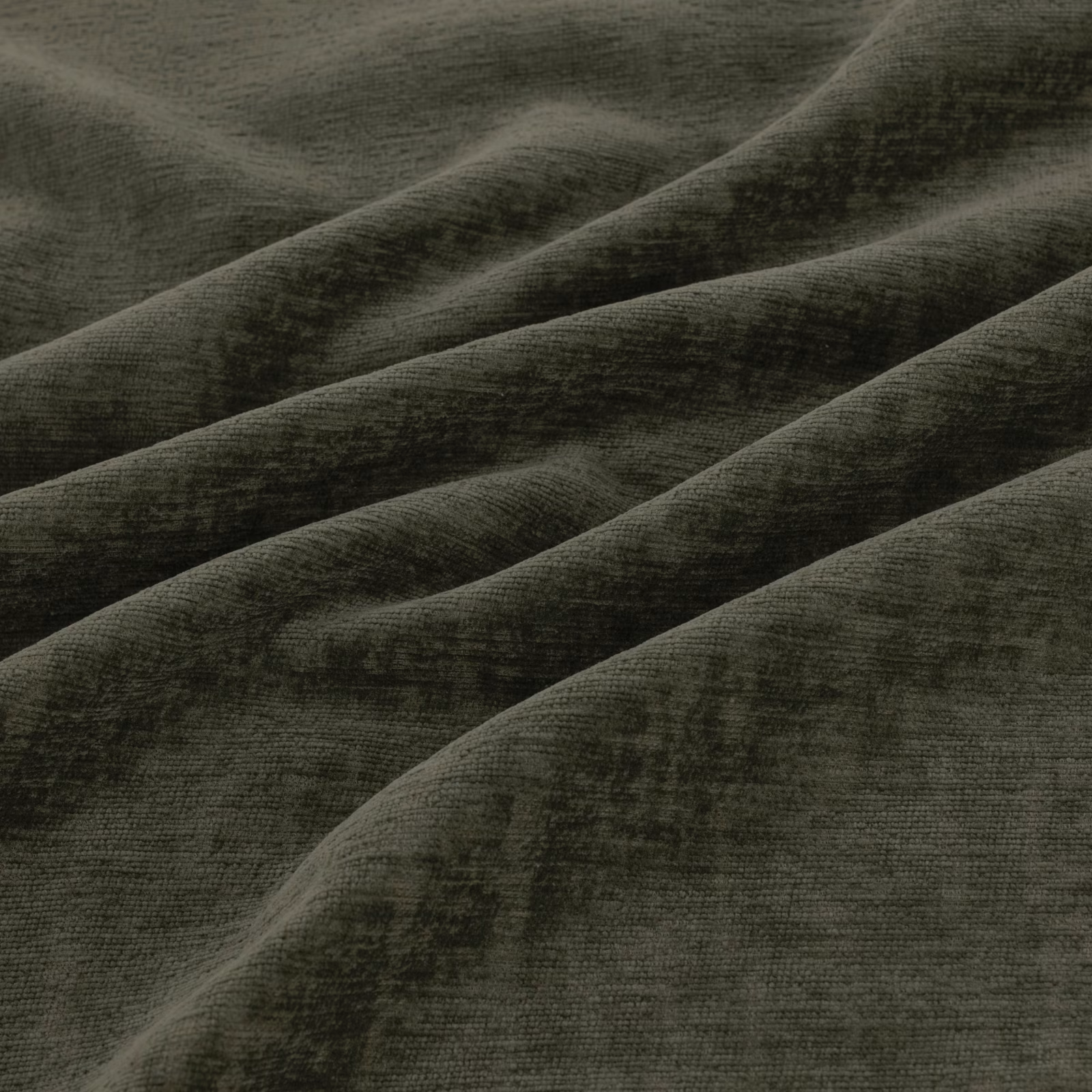 Deep moss-olive plush fabric with charcoal shadows and directional pile texture