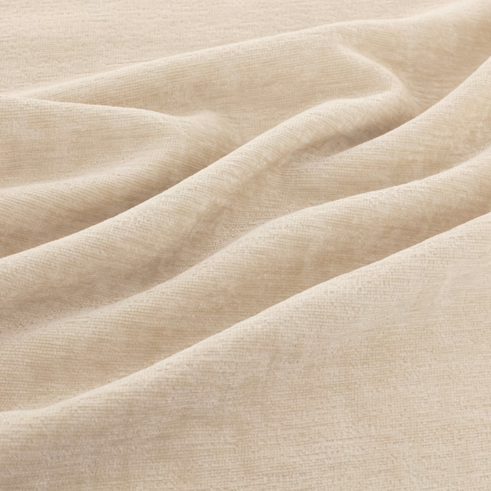 Pale ivory-beige woven fabric with fine horizontal texture gathered into soft flowing folds