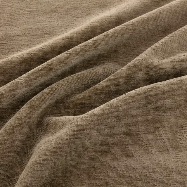 Muted fennel-taupe fabric with fine horizontal ribbing, gathered into soft folds