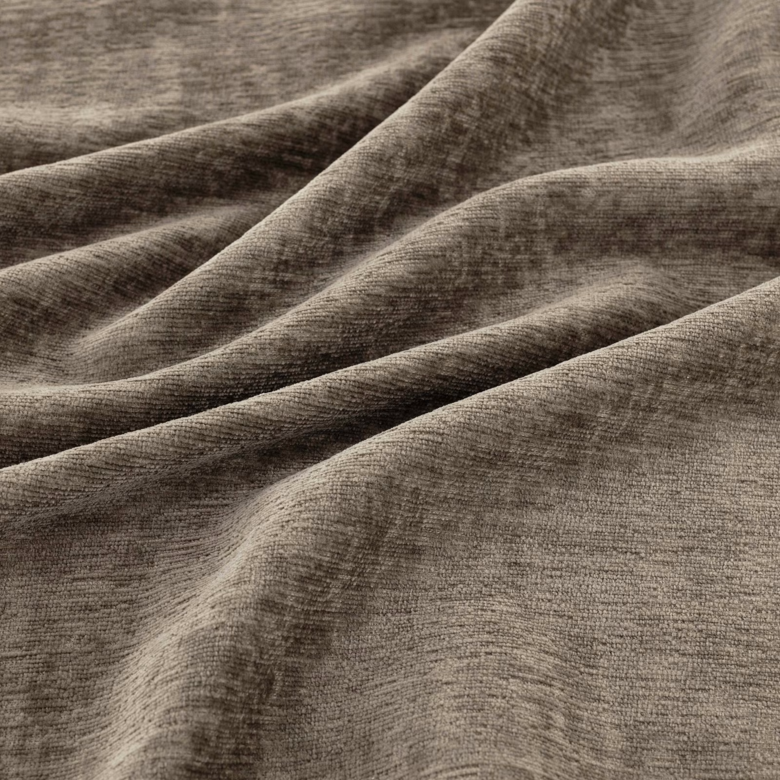 Warm mushroom-taupe woven fabric with fine ridges across softly folded cloth