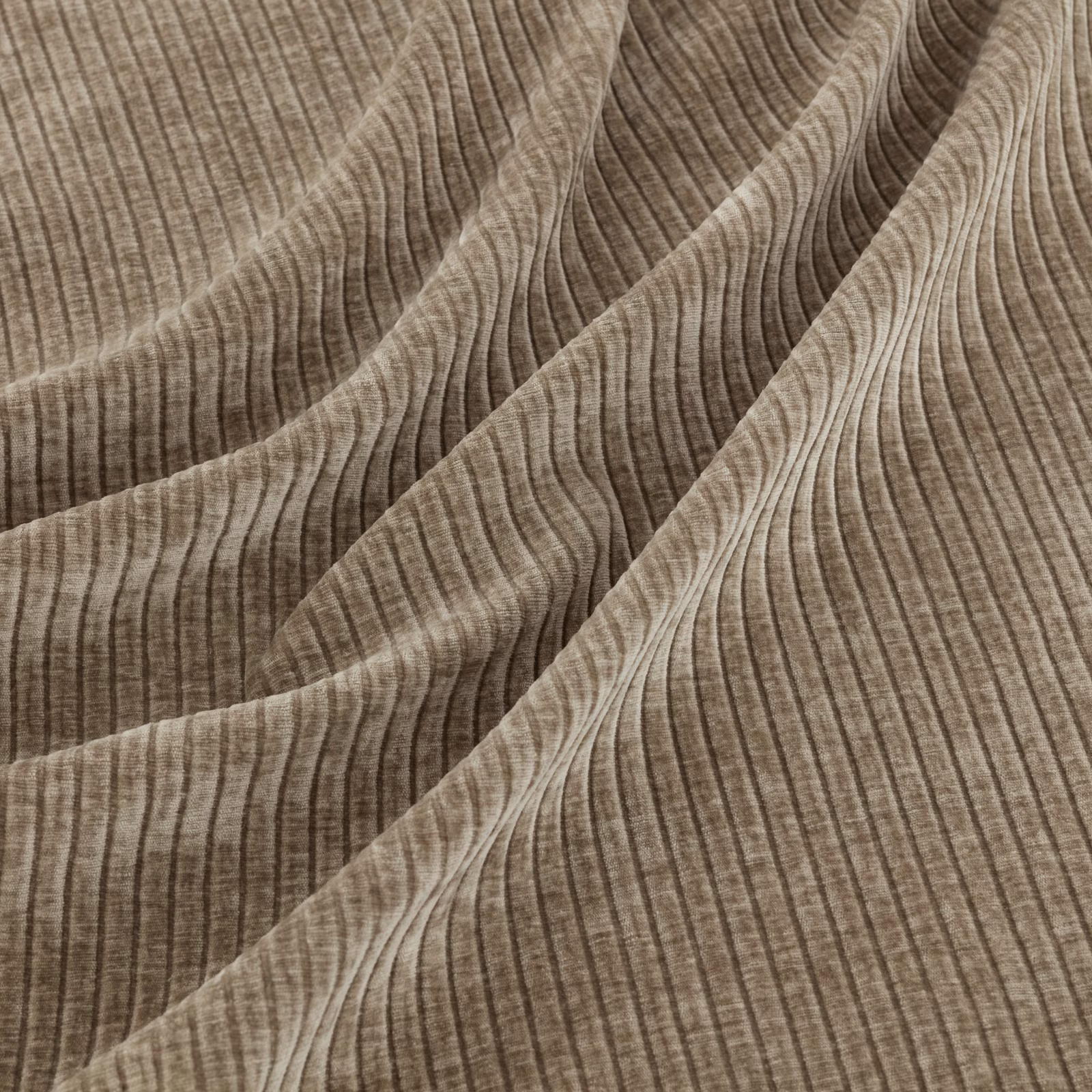 Warm clay taupe fabric with flowing ribbed waves and layered brown tonal texture