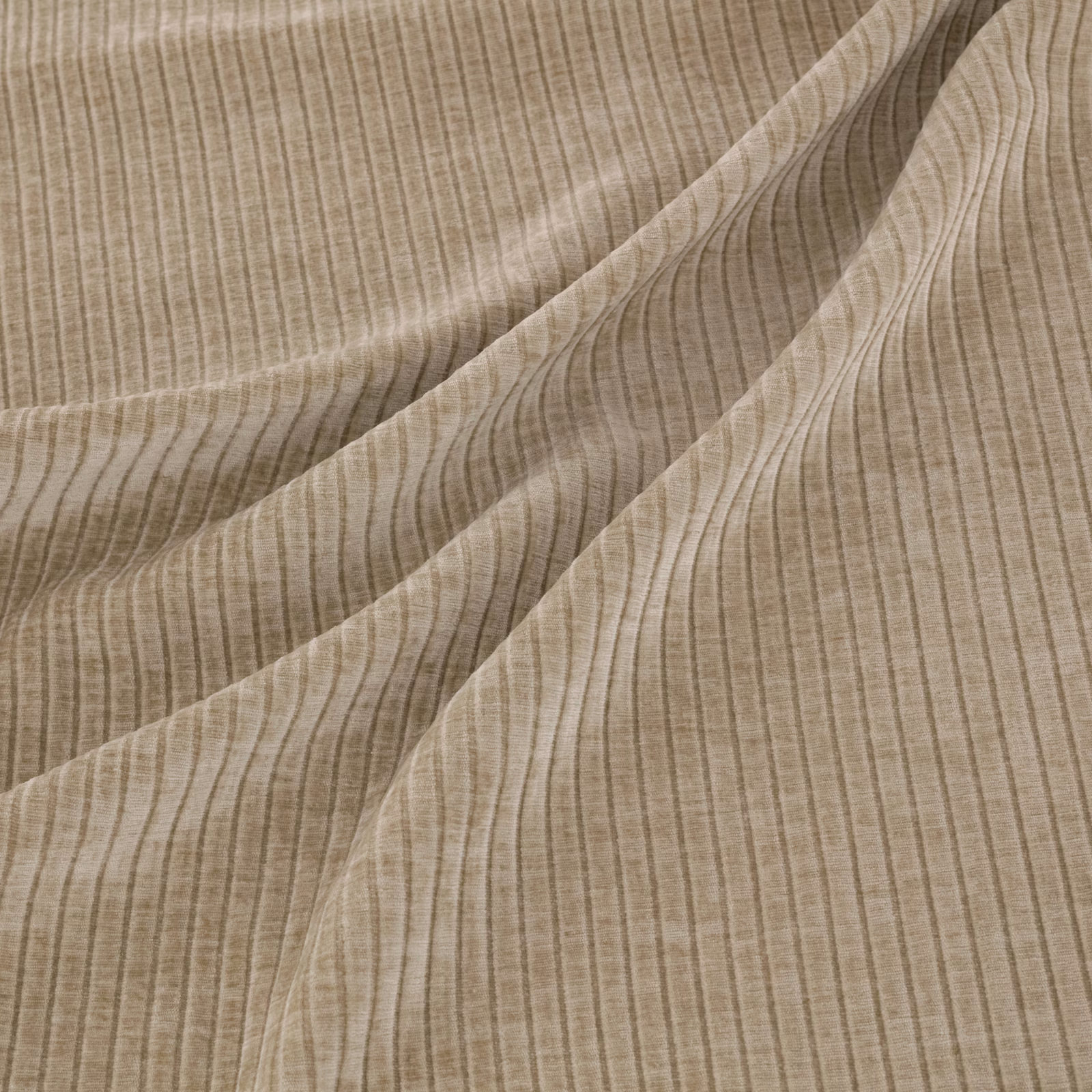 Warm taupe fabric with fine vertical ribbing falling into soft diagonal folds