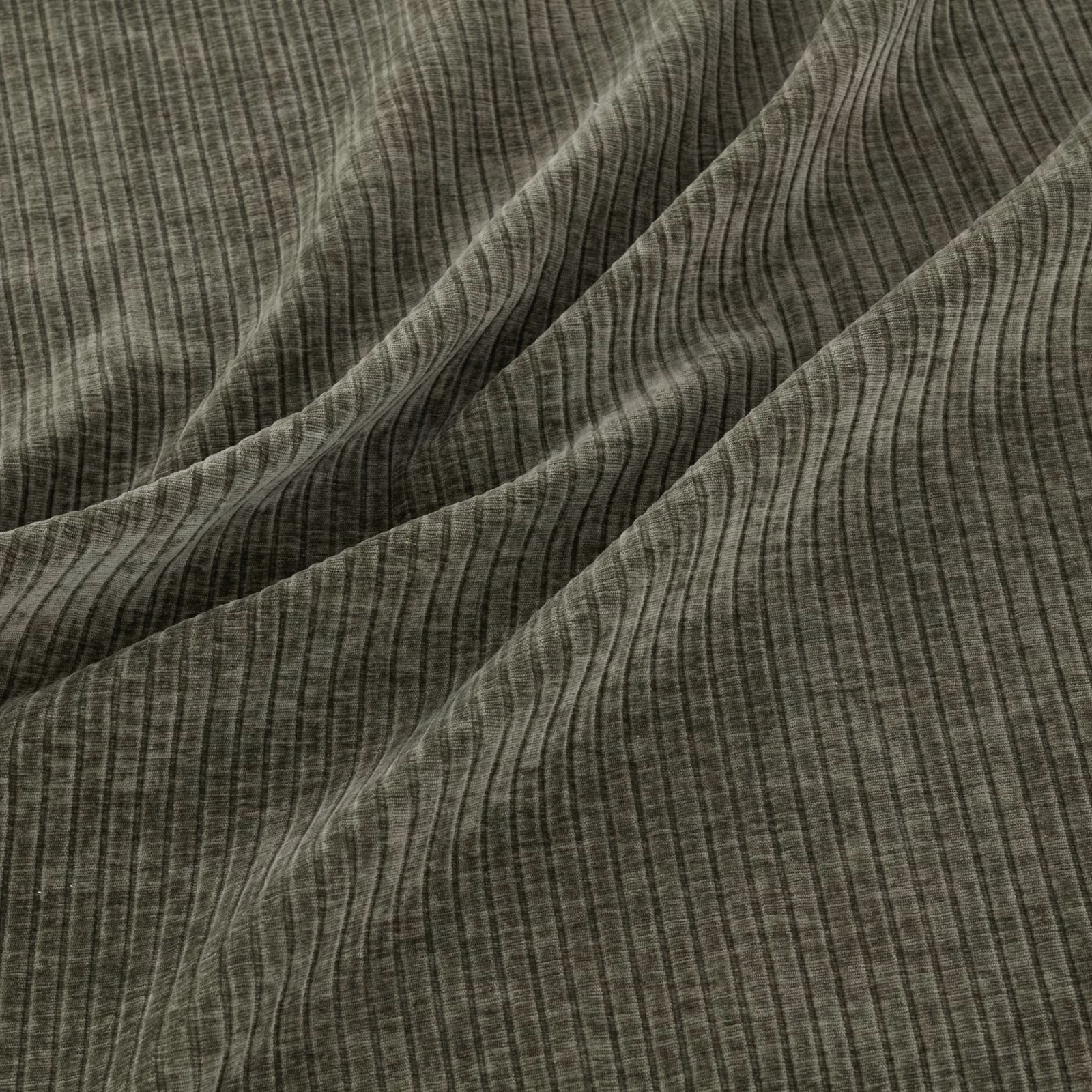 Deep olive-charcoal fabric with fine vertical striations and soft rippled folds